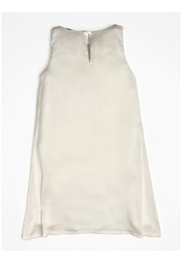 Hihaton mekko vaaleassa beige-satiinissa, jossa pyöreä kaula-aukko ja pieni avonainen takaosa. Suora leikkaus, sileä ja pehmeä pintamateriaali.