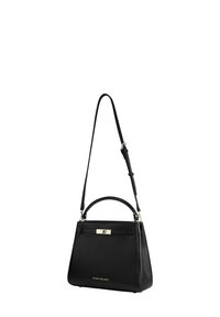 Borsa a mano in pelle nera con design strutturato, manico superiore e tracolla regolabile. Finiture dorate e tasca frontale con zip.