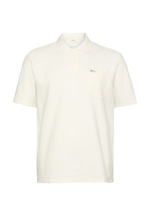 Cream-colored short sleeve polo shirt with a chest pocket and a small logo label on the pocket.