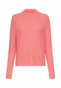 Rosa gerippter Strickpullover mit hohem Kragen und langen Ärmeln, der eine lockere Passform und subtile Saumakzente aufweist.