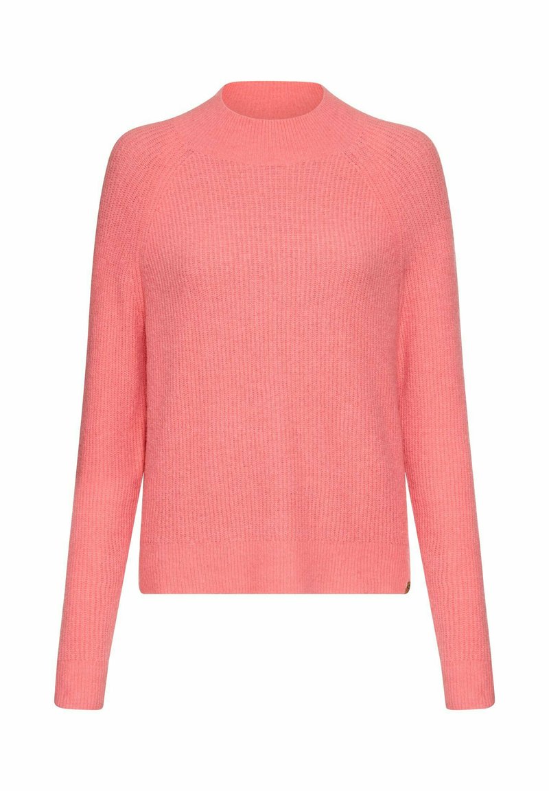Rosa gerippter Strickpullover mit hohem Kragen und langen Ärmeln, der eine lockere Passform und subtile Saumakzente aufweist.