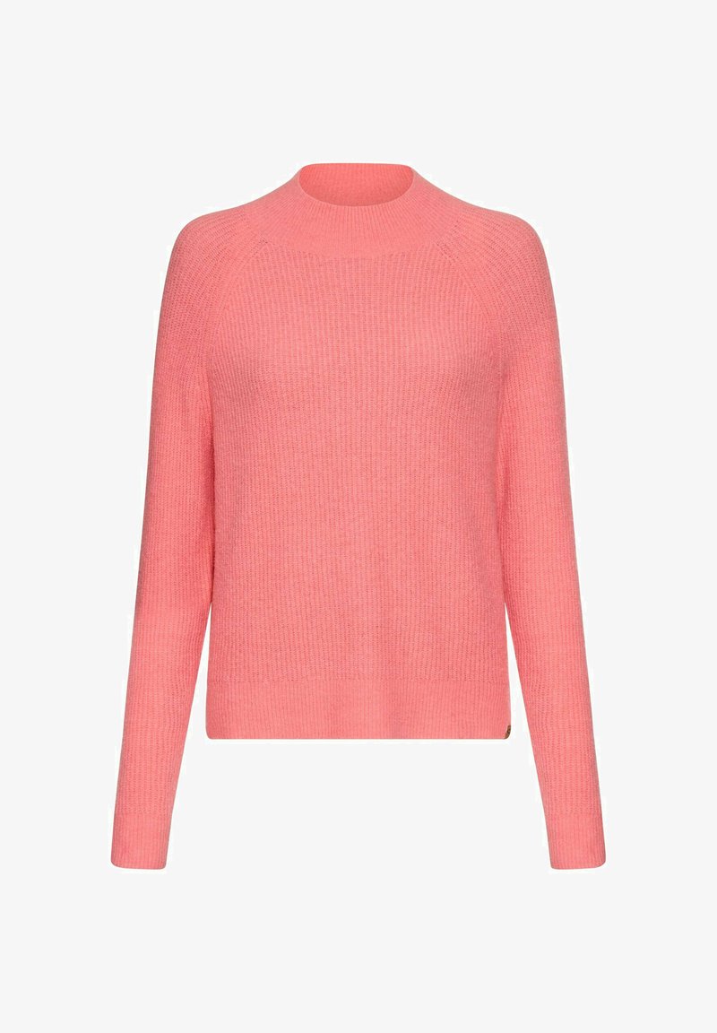 Rosa gerippter Strickpullover mit hohem Kragen und langen Ärmeln, der eine lockere Passform und subtile Saumakzente aufweist.