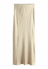 Jupe midi beige en tissu lisse et extensible. Silhouette droite avec un design simple et sans embellissements. L'ourlet tombe juste au-dessus du sol.