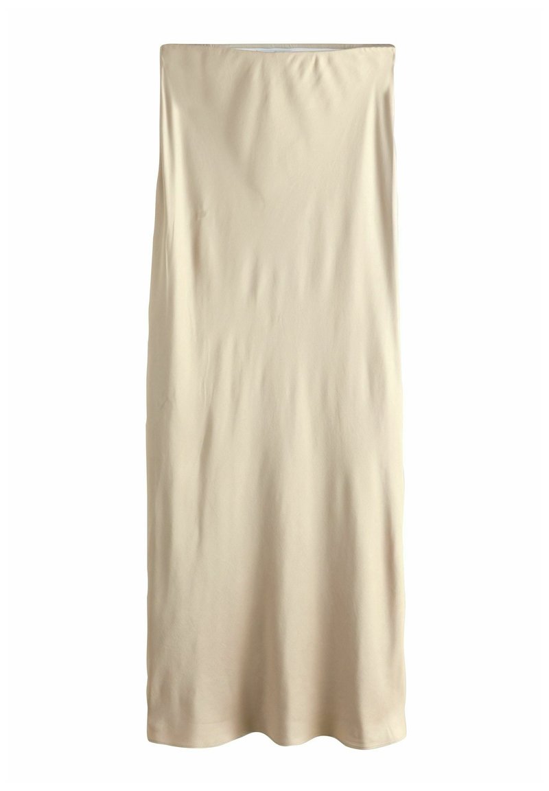 Jupe midi beige en tissu lisse et extensible. Silhouette droite avec un design simple et sans embellissements. L'ourlet tombe juste au-dessus du sol.