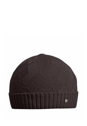 Dunkelbraune gestrickte Mütze mit Diamantmuster und geripptem, umgeschlagenem Bündchen, mit kleinem rundem Metall-Logo am Bündchen.