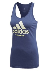 Marinblå Adidas tennislinne med rundad halsringning, racerback-design och stor krämfärgad logotyp på framsidan. Material i bomullsblandning.
