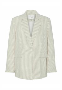 Crème blazer met verticale dunne strepen in beige en zwart. Heeft een opstaand kraag, een enkele knoopsluiting en voorzakken.