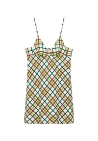 Vestido mini sin mangas con tirantes finos, escote en V y patrón de cuadro multicolor en tonos verdes, marrones y beige.