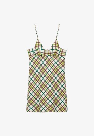 Abito mini senza maniche con spalline sottili, scollatura a V e motivo a quadri multicolore in tonalità di verde, marrone e beige.
