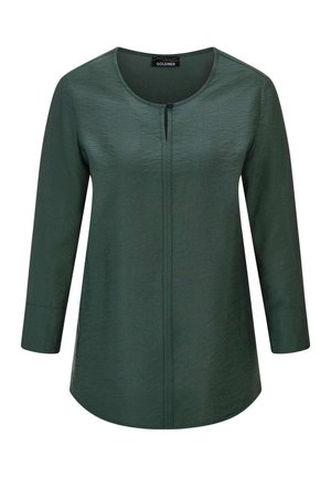 Dark green long-sleeve blouse with round neckline, small front slit with a single button, and subtle vertical seam detail down the center.