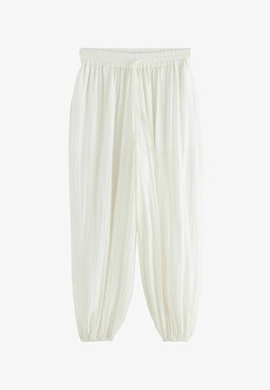 Laza fehér nadrág elasztikus derékpánttal és összegyűrt elasztikus szegélyekkel, könnyű, enyhén texturált anyagból.