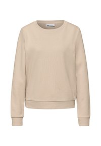 Sweat-shirt beige à col rond avec manches longues, poignets et ourlet côtelés, présenté sur un fond blanc.