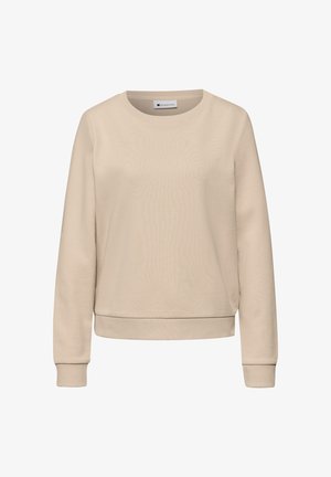 Beige väriinen pyöreäkauluksinen collegepaita, jossa on pitkät hihat, resorit hihoissa ja helmassa, esitetty valkoisella taustalla.