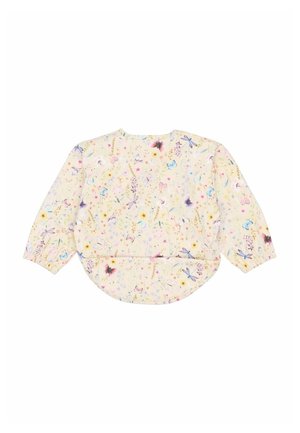 Kwiatowa bluzka z długim rękawem wykonana z miękkiego, żółtego materiału. Posiada zaokrąglony dół, marszczone rękawy oraz wielokolorowy wzór kwiatowy z motylami.