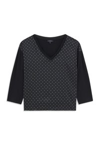 Schwarze V-Ausschnitt-Bluse mit Dreiviertelärmel, die auf der Vorderseite ein gepunktetes Muster in Hellblau aufweist. Hergestellt aus einem weichen, glatten Stoff.