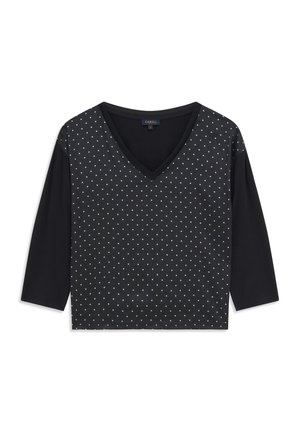 Blusa nera a V con maniche a tre quarti, caratterizzata da un motivo a pois blu chiaro sul davanti. Realizzata in un tessuto morbido e liscio.
