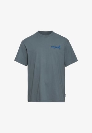 Gray cotton t-shirt featuring short sleeves and a crew neck. Blue logo text and paw print detail on the left chest. Simple design.