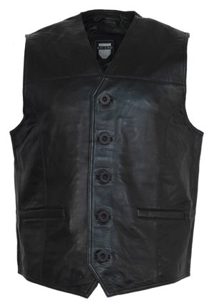 Zwarte leren vest met een gladde textuur, zes knopen aan de voorkant, twee zijzakken en een puntige zoom.