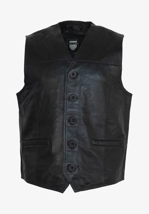 Schwarze Lederweste mit glatter Textur, sechs Knöpfen auf der Vorderseite, zwei seitlichen Taschen und einem spitzen Saumdesign.