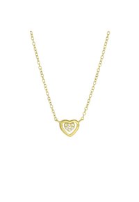 Gouden ketting met een dubbele hartbedel met een gestructureerd ontwerp, het binnenste hart bezet met kleine heldere stenen. Verstelbare schakels.