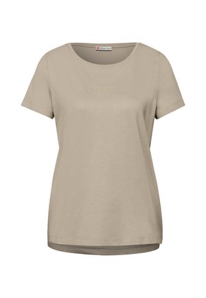 T-shirt beige à manches courtes pour femmes avec col rond et texte subtilement embossé sur la poitrine, de la marque Street One.