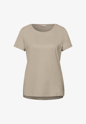 T-shirt beige à manches courtes pour femmes avec col rond et texte subtilement embossé sur la poitrine, de la marque Street One.