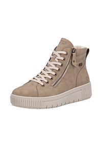 Hoge sneakers van beige suede materiaal, met contrasterende witte veters, een zijritsdetail en een gestreepte rubberen zool.