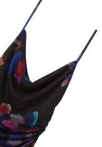 Abito senza maniche nero con scollo drappeggiato e vivace stampa floreale in tonalità di rosso, blu e viola; tessuto morbido con spalline regolabili.
