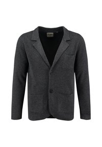 Cardigan grigio scuro realizzato in tessuto texturizzato, con colletto a righe, due tasche frontali e chiusura con un solo bottone.