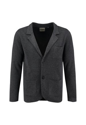 Cardigan gris oscuro hecho de tela texturizada, con un cuello con muesca, dos bolsillos frontales y un cierre de un solo botón.
