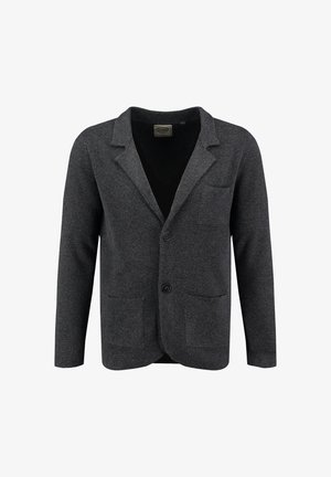 Cardigan grigio scuro realizzato in tessuto texturizzato, con colletto a righe, due tasche frontali e chiusura con un solo bottone.