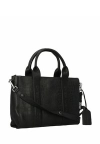 Zwarte, gestructureerde leren tote bag met dubbele handvaten, een verstelbare schouderriem en een merkhangtag.