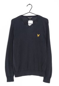 Maglione blue navy con scollo a V e maniche lunghe, logo di un uccello giallo sul petto, appeso a una gruccia nera su sfondo bianco.