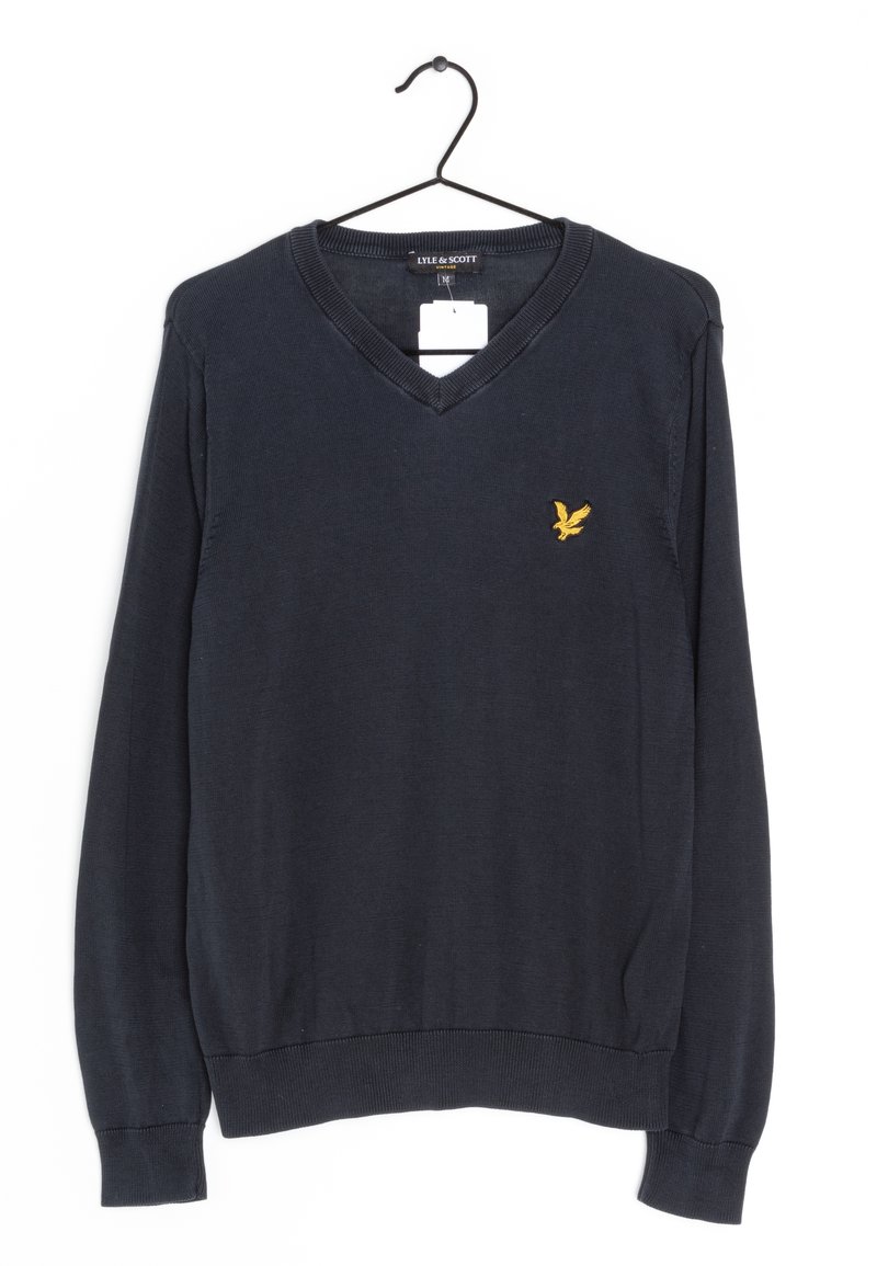 Maglione blue navy con scollo a V e maniche lunghe, logo di un uccello giallo sul petto, appeso a una gruccia nera su sfondo bianco.