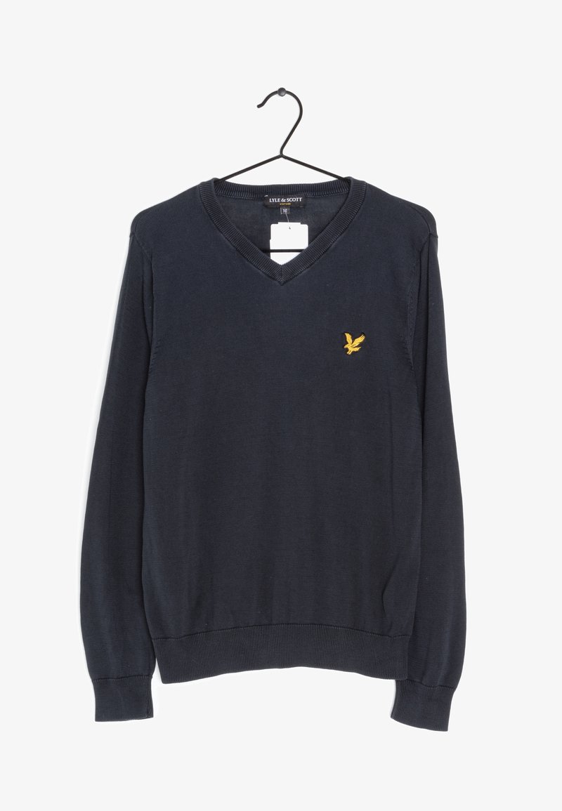 Maglione blue navy con scollo a V e maniche lunghe, logo di un uccello giallo sul petto, appeso a una gruccia nera su sfondo bianco.