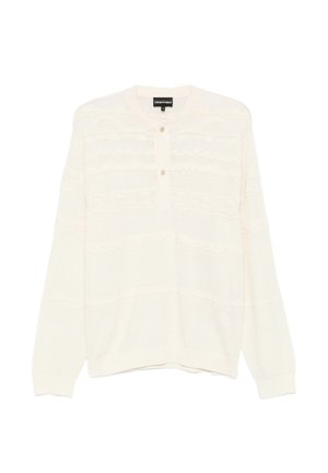 Maglione bianco a maniche lunghe in maglia con motivi orizzontali strutturati e due bottoni sotto la scollatura rotonda.