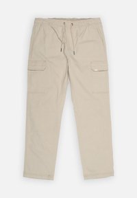 Pantalon cargo beige en coton, doté d'une taille élastique avec cordon de serrage, deux poches latérales et deux poches cargo sur les cuisses.