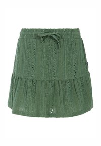 Falda verde con un patrón de punto texturizado, dobladillo con volantes y una cinturilla con cordón ajustable. Detalles de ojales en toda la tela.