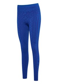 Blå tights med ett texturerat djurmönster, med en kontrasterande sidopanel och varumärkeslogotyp på midjebandet. Stretchig och åtsittande design.