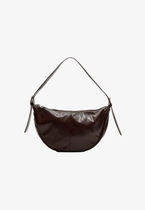 Dark brown leather crescent-shaped handbag with an adjustable shoulder strap and top zipper closure.