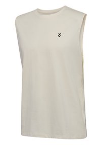 Ærmeløs beige atletisk tanktop med rund halsudskæring og lille sort dobbelt chevron-logo på venstre bryst.