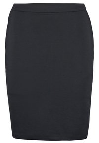 Jupe crayon noire avec une taille cintrée et une coupe droite jusqu'aux genoux, en tissu lisse sans motifs ni détails apparents.