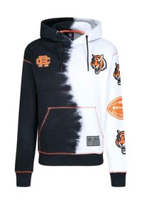 Felpa con cappuccio dal design diviso, nera a sinistra e bianca a destra. Presenta loghi di tigre arancioni e neri e cuciture di accentuazione.