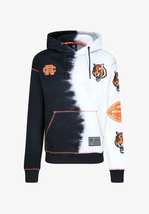 Hoodie met een gespleten ontwerp, zwart aan de linkerzijde en wit aan de rechterzijde. Bevat oranje en zwarte tijgerlogo's en accentstiksels.