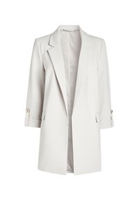 Blazer gris clair avec des manches trois-quarts, des revers et des accents de boutons dorés sur les poignets. Tissu lisse ; design à ouverture frontale.