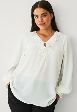 Witte blouse met een geschulpte kraag, V-hals en trekkoordsluiting. Lange mouwen met elastische manchetten. Zacht, vloeiend materiaal.
