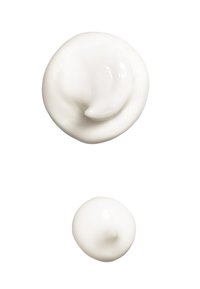 Two blobs of smooth white cream, one larger with a swirl shape and the other smaller and rounded, both on a white background.