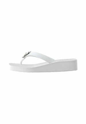 White wedge flip-flop sandal with a thong strap and decorative silver and pearl embellishment on top.