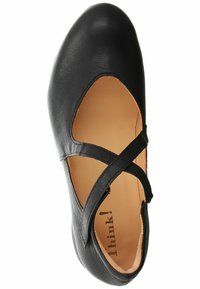 Schwarzer Leder-Schuh mit runder Zehenpartie, Kreuzriemen und einem hellbeigen Innenfutter. Keine sichtbaren Muster oder Metalldetails.