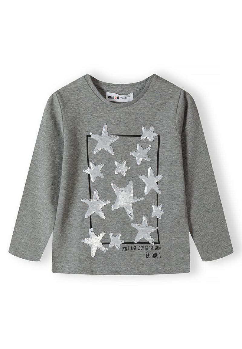 Graues Baumwoll-Langarmhemd mit silbernen Paillettensternen, die in einem rechteckigen Muster angeordnet sind, und einem Textdesign darunter.